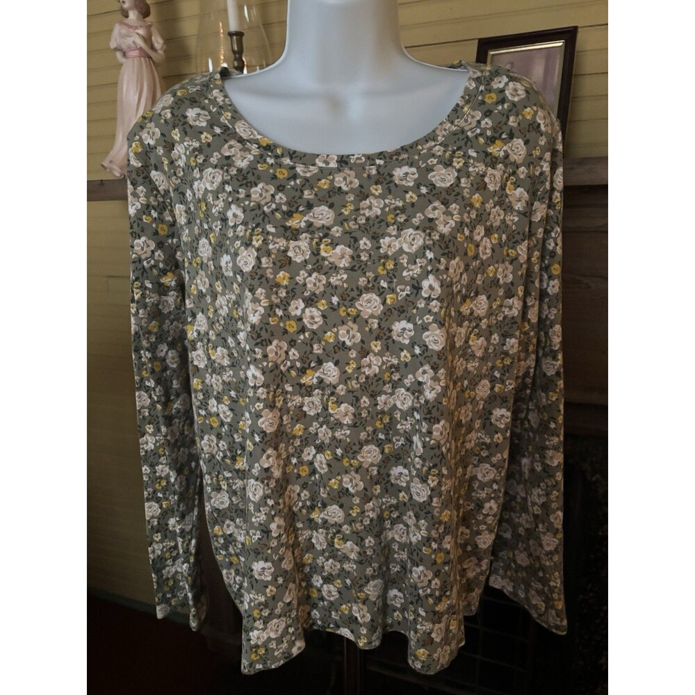 White Stag Size XL Women’s Blouse Floral 40” Bust 23” Length Green Yellow Cotton
